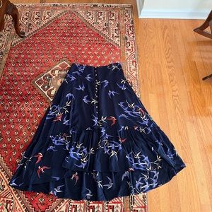 Anthropologie Maeve Flounced Crane swallow Bird Midi Skirt SZ 10 buttons gypsy